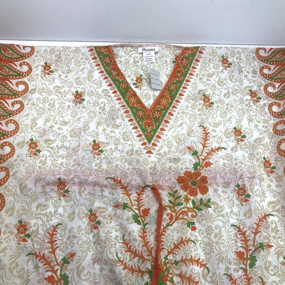 Phases Womens Caftan V-Neck Dress Orange Green Floral Drawstring Waist One Size - Picture 2 of 7
